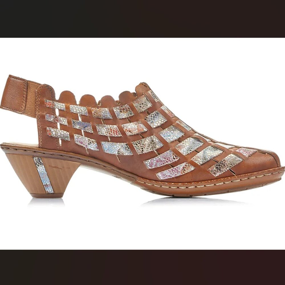 NEW RIEKER Leather Sina 78 Comfort Weave Heeled Shooties in brown multi 0126 4t2